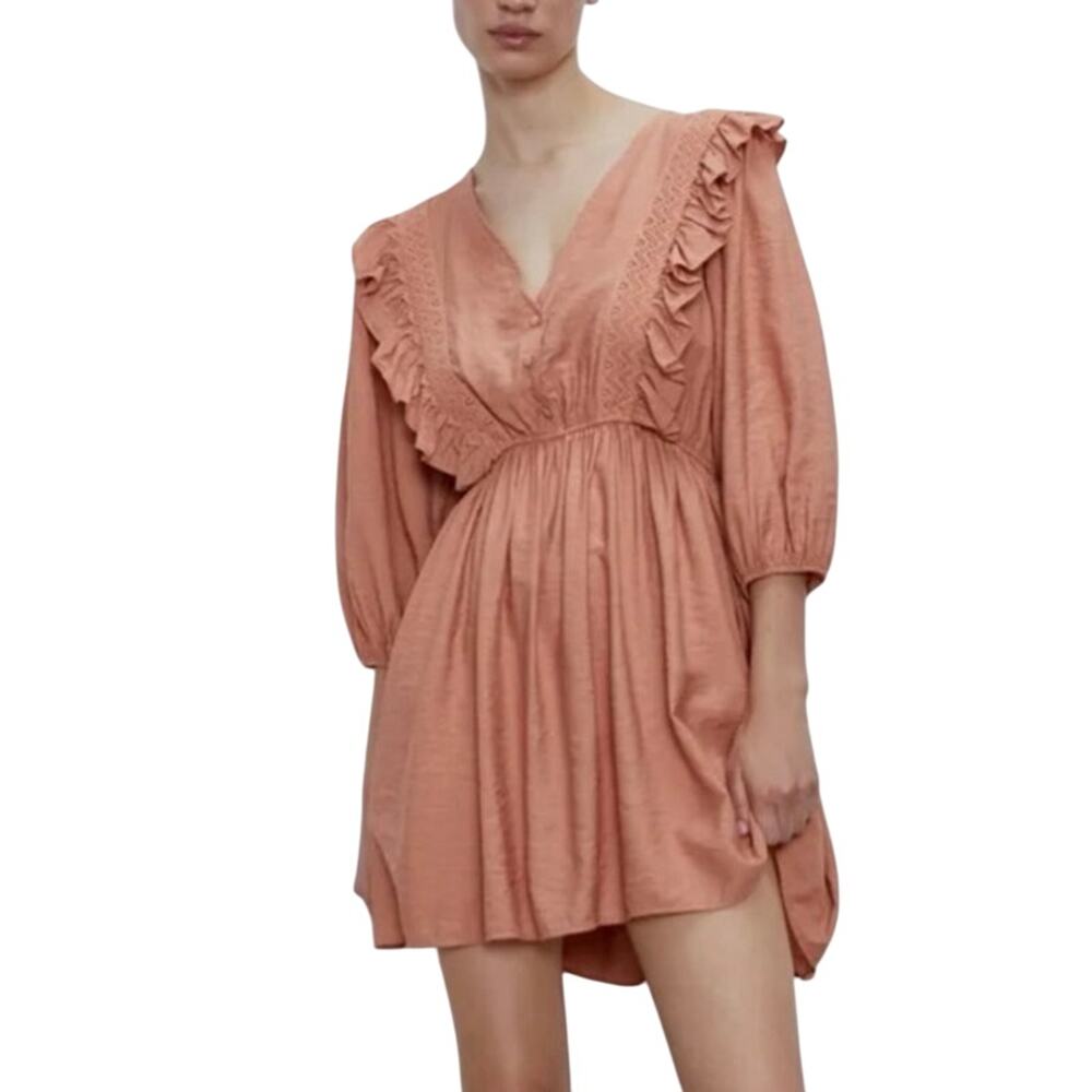 Zara Dusty Pink Gauzy Ruffled Boho Mini Dress XS